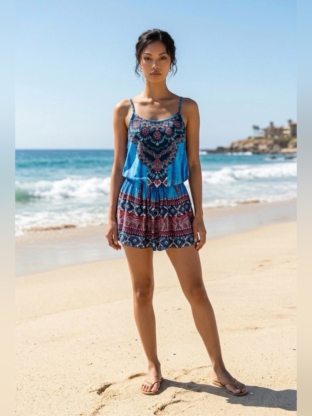 New VENUS Blue and Red Printed Spaghetti Strap Romper
